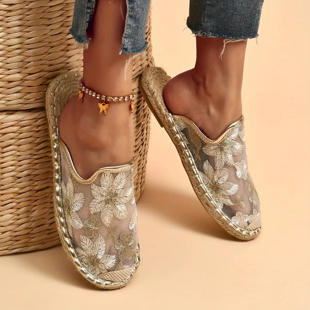 Donne estate pizzo fiore traspirante suola piatta Slip-Ons