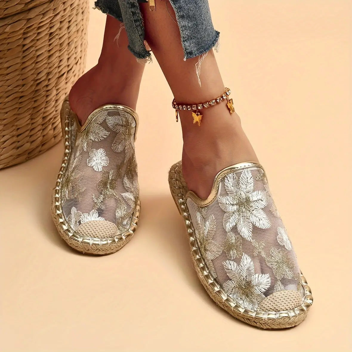 Donne estate pizzo fiore traspirante suola piatta Slip-Ons