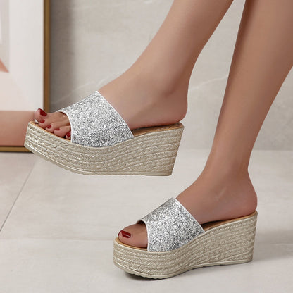Pantofole con zeppa glitterate da donna