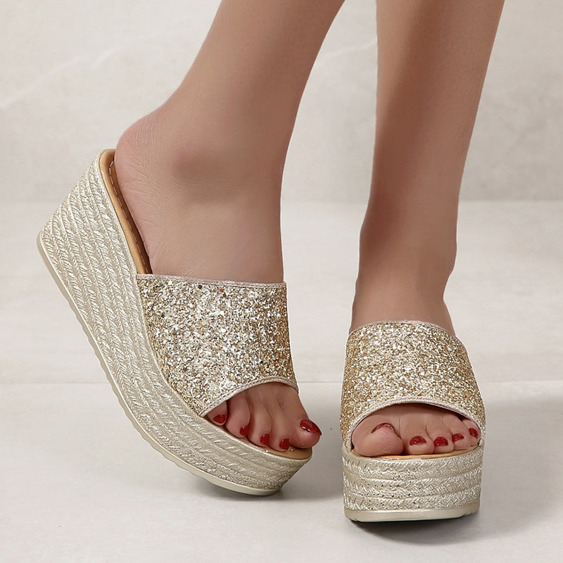 Pantofole con zeppa glitterate da donna