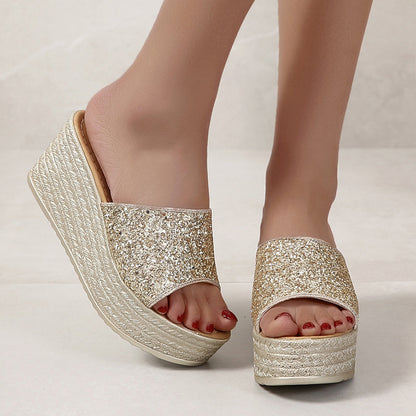 Pantofole con zeppa glitterate da donna