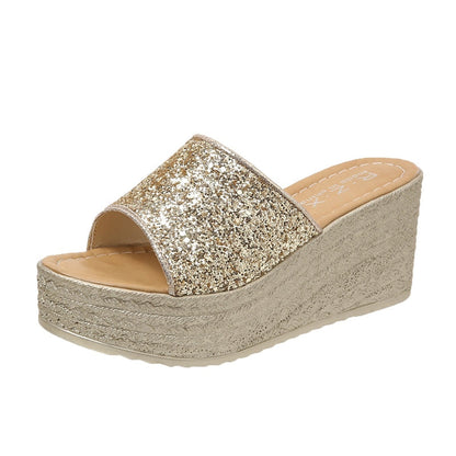 Pantofole con zeppa glitterate da donna