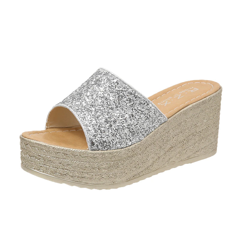Pantofole con zeppa glitterate da donna
