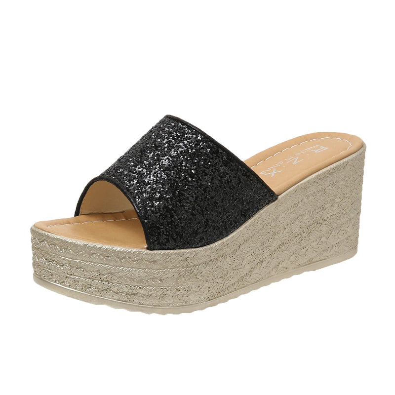 Pantofole con zeppa glitterate da donna