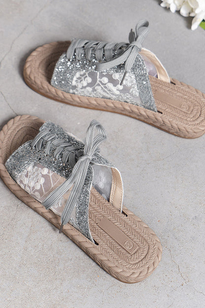 Pantofole piatte con paillettes in rete ricamate, casual e con cinturino