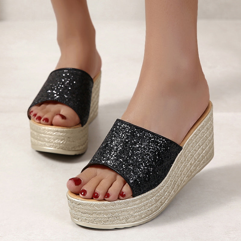 Pantofole con zeppa glitterate da donna