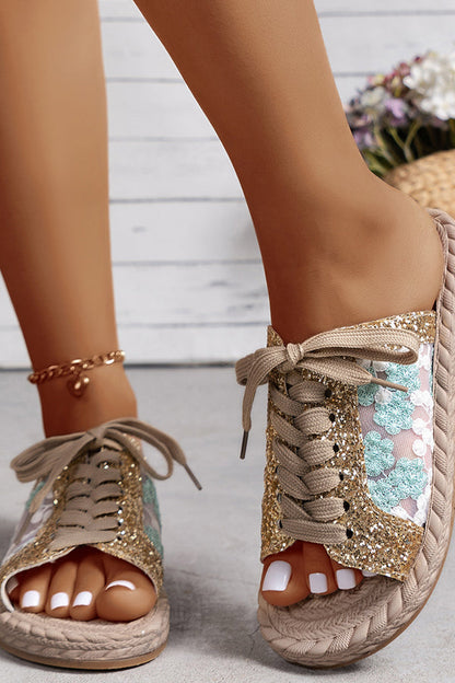 Pantofole piatte con paillettes in rete ricamate, casual e con cinturino