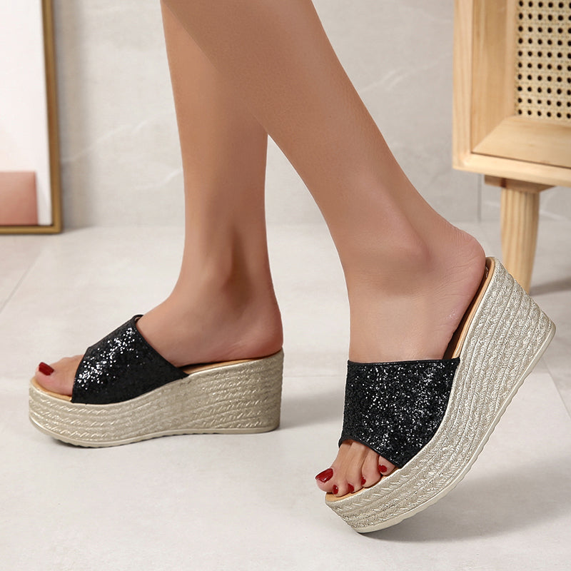 Pantofole con zeppa glitterate da donna