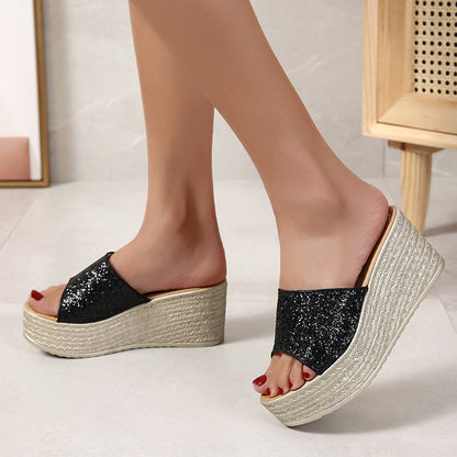 Pantofole con zeppa glitterate da donna