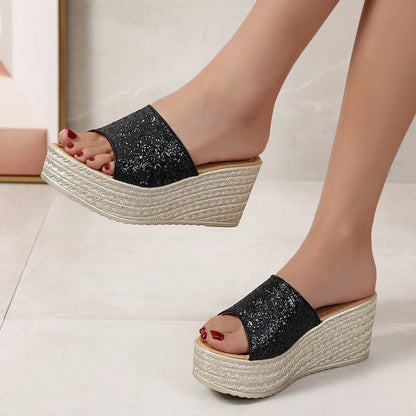 Pantofole con zeppa glitterate da donna