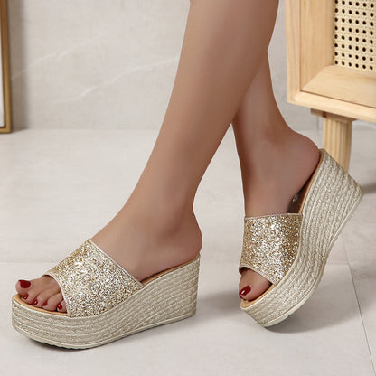 Pantofole con zeppa glitterate da donna