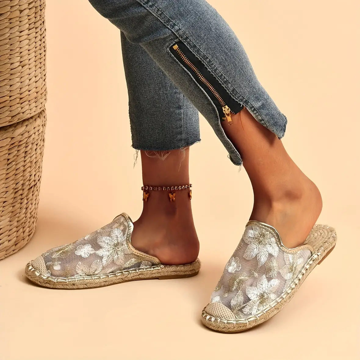 Donne estate pizzo fiore traspirante suola piatta Slip-Ons