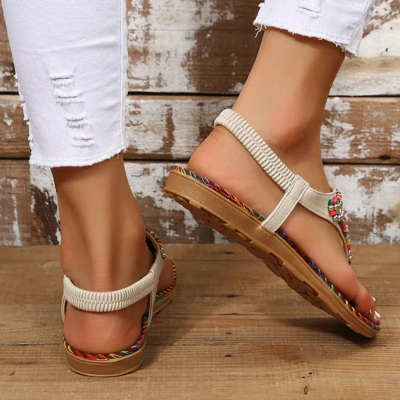 Donna perline stile etnico Boho T-strap Slip On