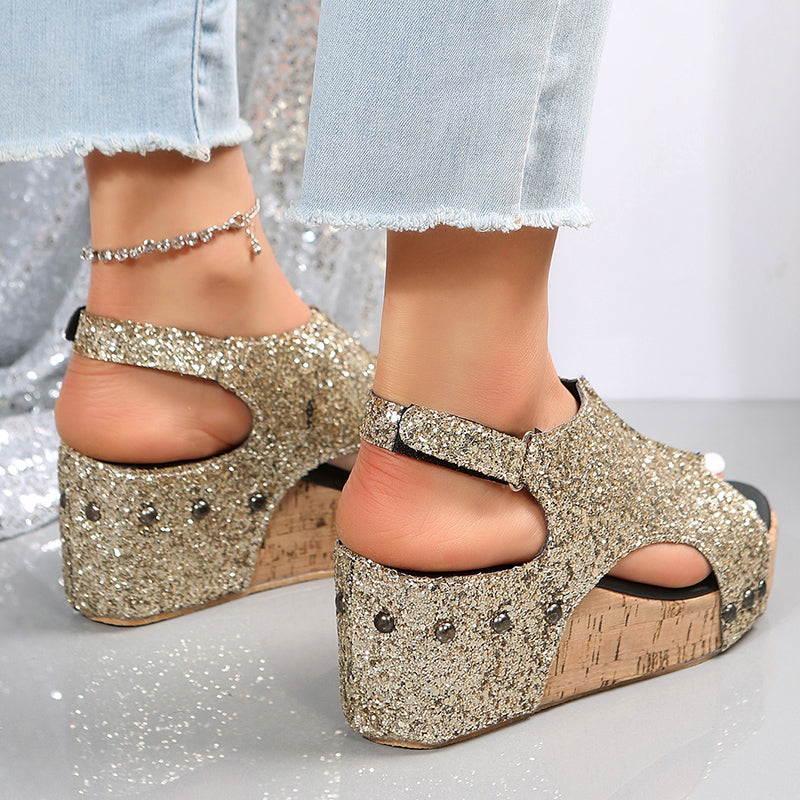 Sandali con zeppa glitterata da donna