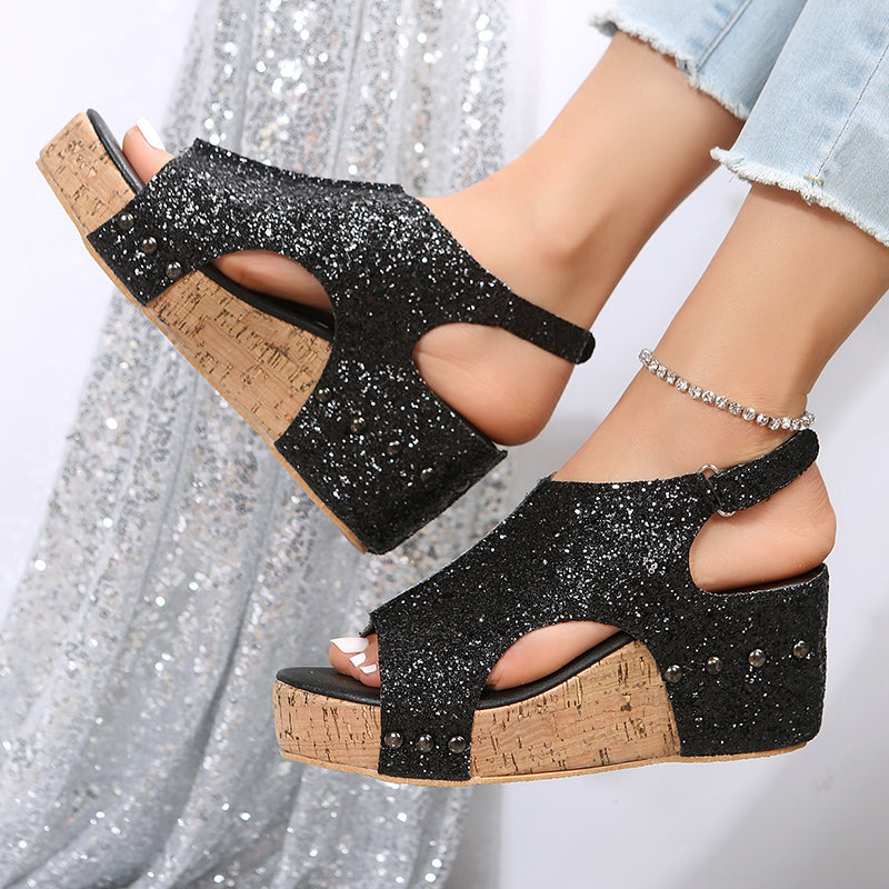 Sandali con zeppa glitterata da donna