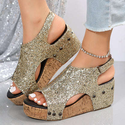 Sandali con zeppa glitterata da donna