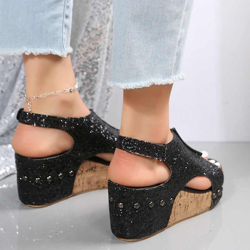 Sandali con zeppa glitterata da donna