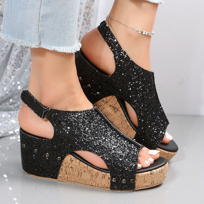 Sandali con zeppa glitterata da donna