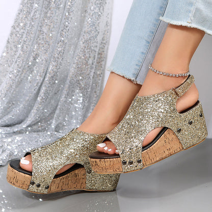 Sandali con zeppa glitterata da donna
