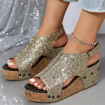 Sandali con zeppa glitterata da donna
