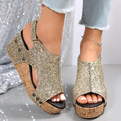 Sandali con zeppa glitterata da donna