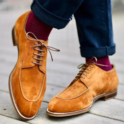 Scarpe da uomo fatte a mano con punta tonda in pizzo marrone