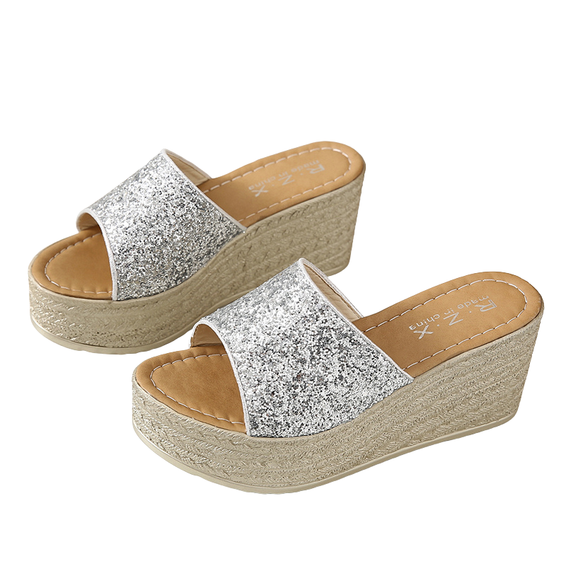 Pantofole con zeppa glitterate da donna