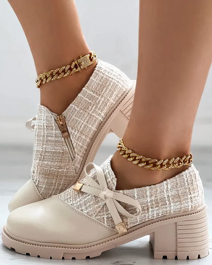 Scarpe formali con tacco alto da donna, con dettagli a quadri spessi e patchwork