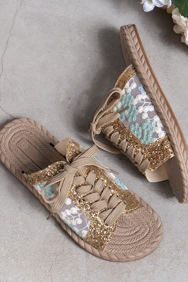 Pantofole piatte con paillettes in rete ricamate, casual e con cinturino