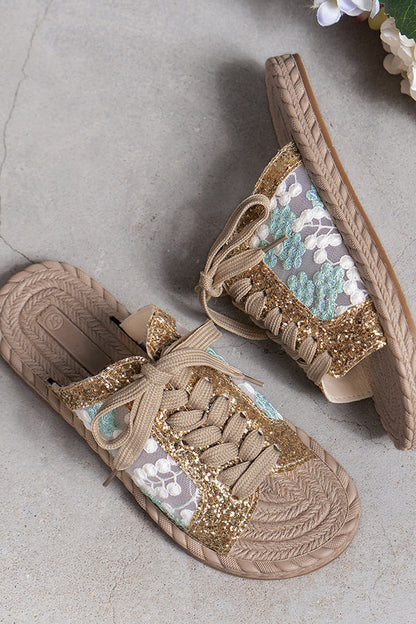 Pantofole piatte con paillettes in rete ricamate, casual e con cinturino