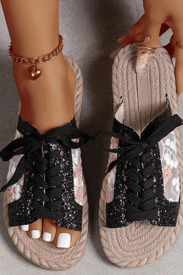 Pantofole piatte con paillettes in rete ricamate, casual e con cinturino
