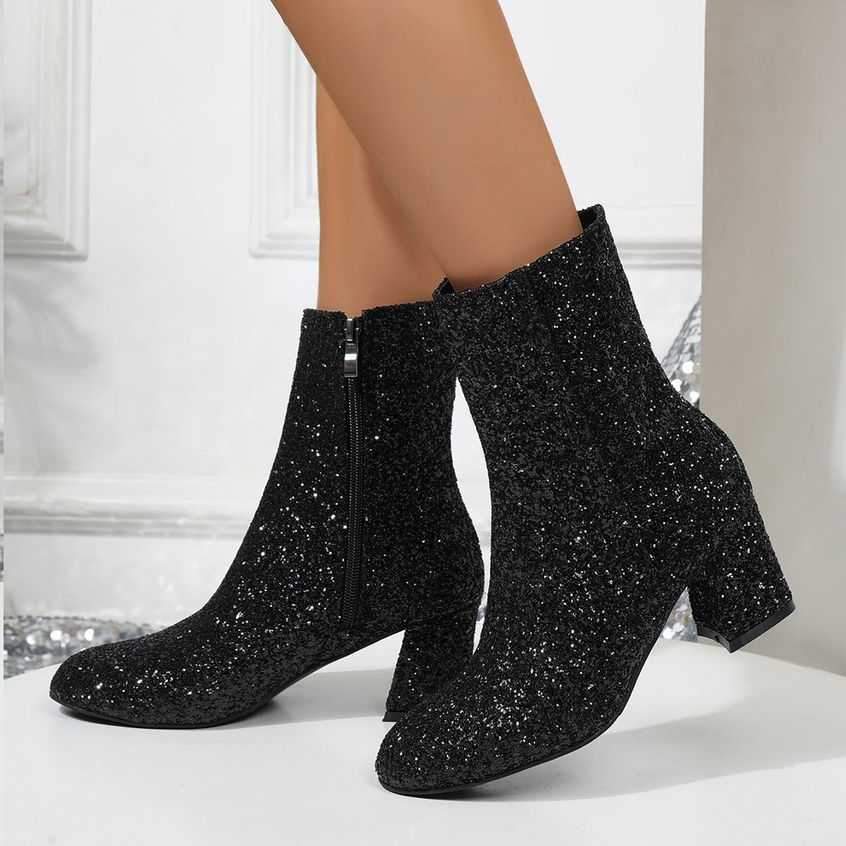 Stivali glitterati da donna con tacco alto e scintillante, con paillettes e chunky