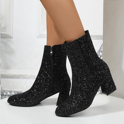 Stivali glitterati da donna con tacco alto e scintillante, con paillettes e chunky