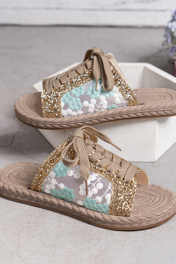 Pantofole piatte con paillettes in rete ricamate, casual e con cinturino