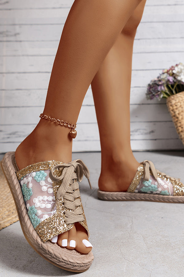 Pantofole piatte con paillettes in rete ricamate, casual e con cinturino