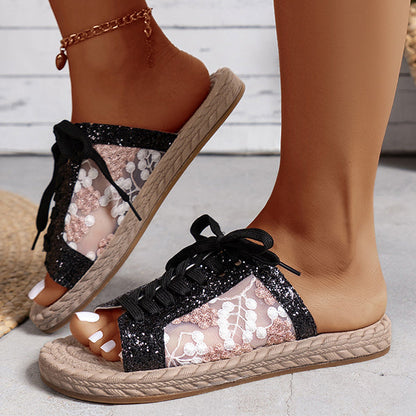 Pantofole piatte con paillettes in rete ricamate, casual e con cinturino