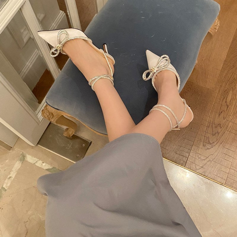 Glamour Glitter Crystal Bowknot Silk Buckle Strap Thin High Heels (Tacchi alti sottili)