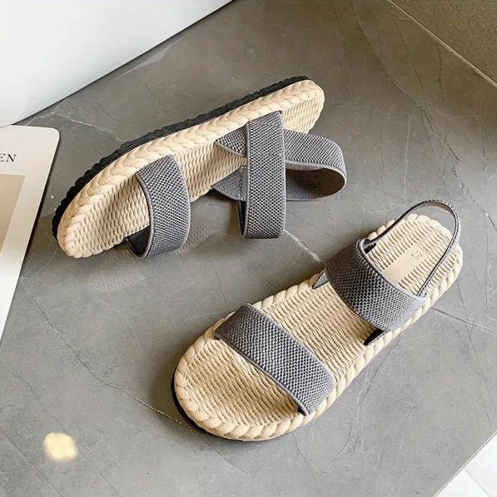 Sandali piatti da donna color cammello, semplice fascia elastica intrecciata