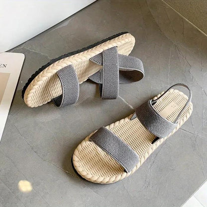 Sandali piatti da donna color cammello, semplice fascia elastica intrecciata
