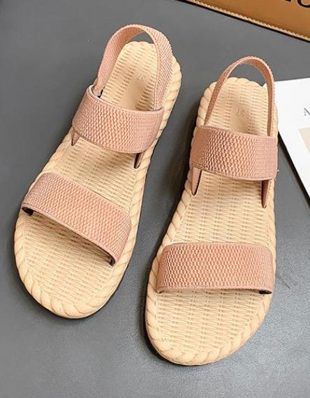 Sandali piatti da donna color cammello, semplice fascia elastica intrecciata