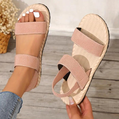 Sandali piatti da donna color cammello, semplice fascia elastica intrecciata