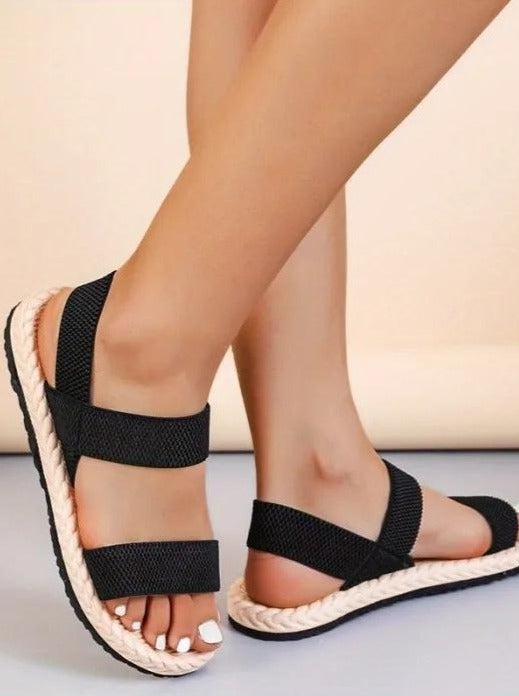 Sandali piatti da donna color cammello, semplice fascia elastica intrecciata
