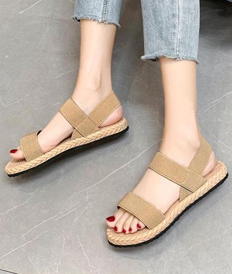Sandali piatti da donna color cammello, semplice fascia elastica intrecciata